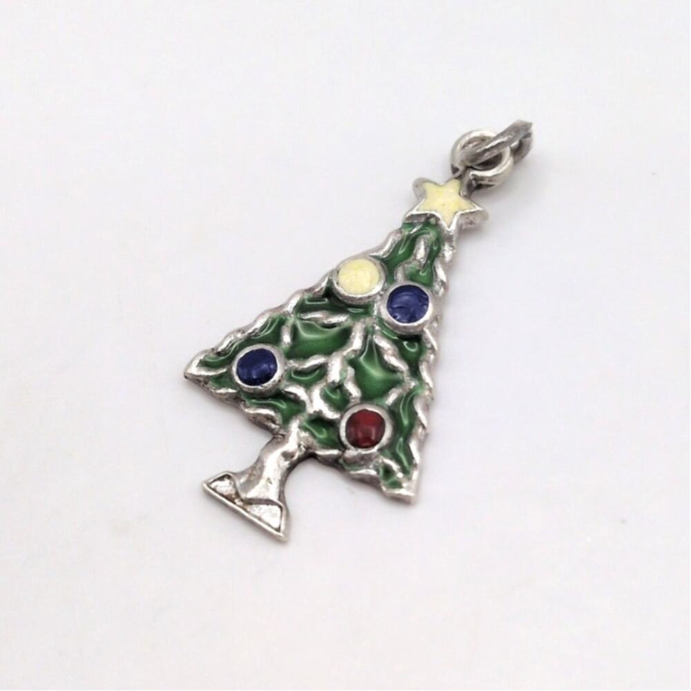 Vintage JMF Sterling Silver Green Colorful Enamel Mini Christmas Tree Charm 1in